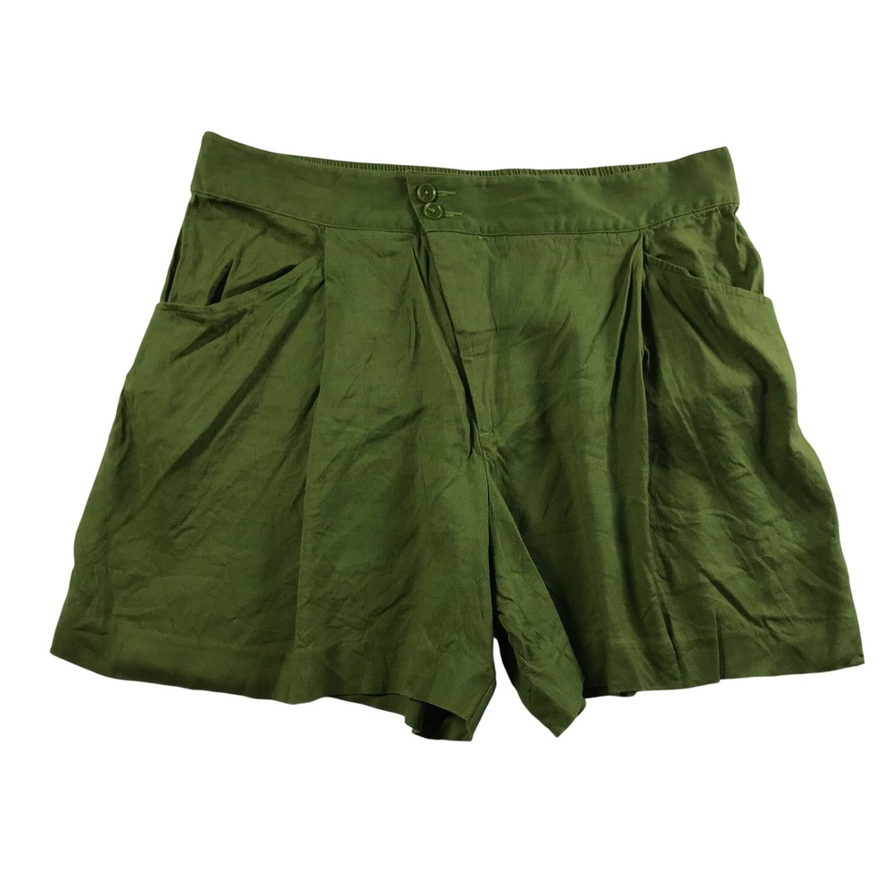 Cabi 6398 Green Linen Blend Pleated High Rise Shorts Womens 14 Elastic Back